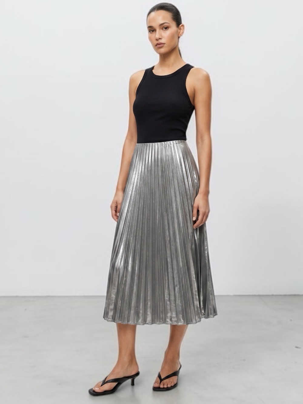 Mango Sheen Satin Pleated Accordion Midi Skirt Silver Sz XS PULL-on City Chic